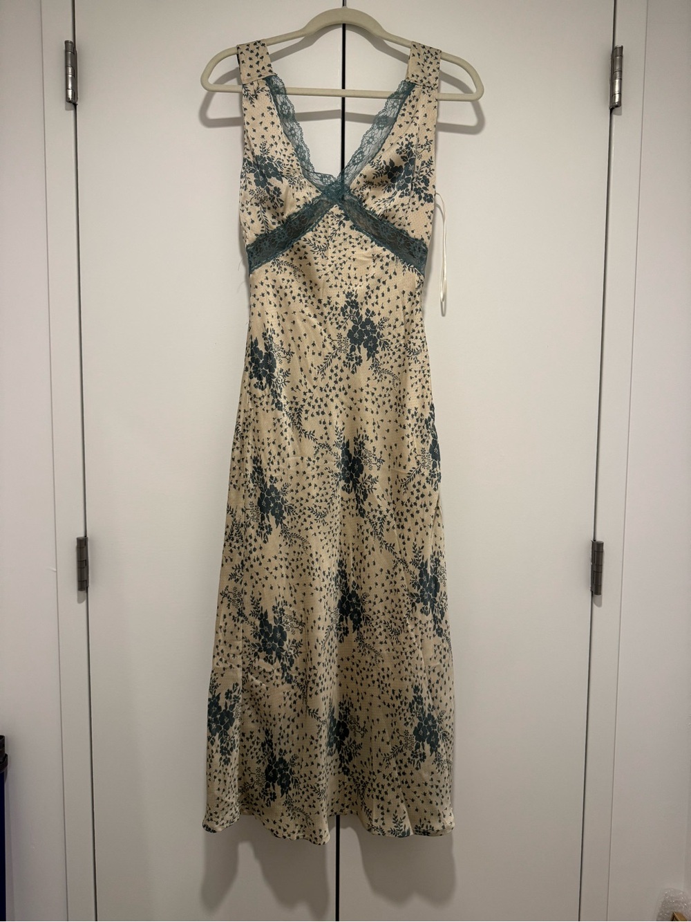 Cream Midi Slip Dress with Teal Lace Trim